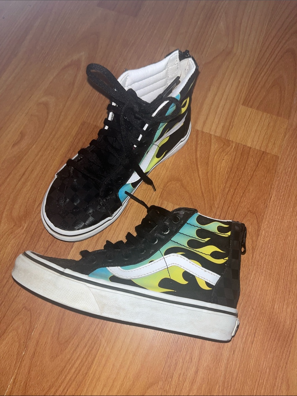 Kids Black High-Top Sneakers with Yellow-Green Flame Accent